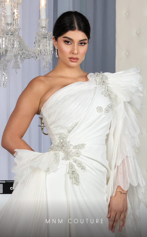 MNM Couture F02801: Asymmetrical neck, ruffled shoulder, crepe & organza, draped bust, Roman skirt for event & wedding | Couture Shop LA