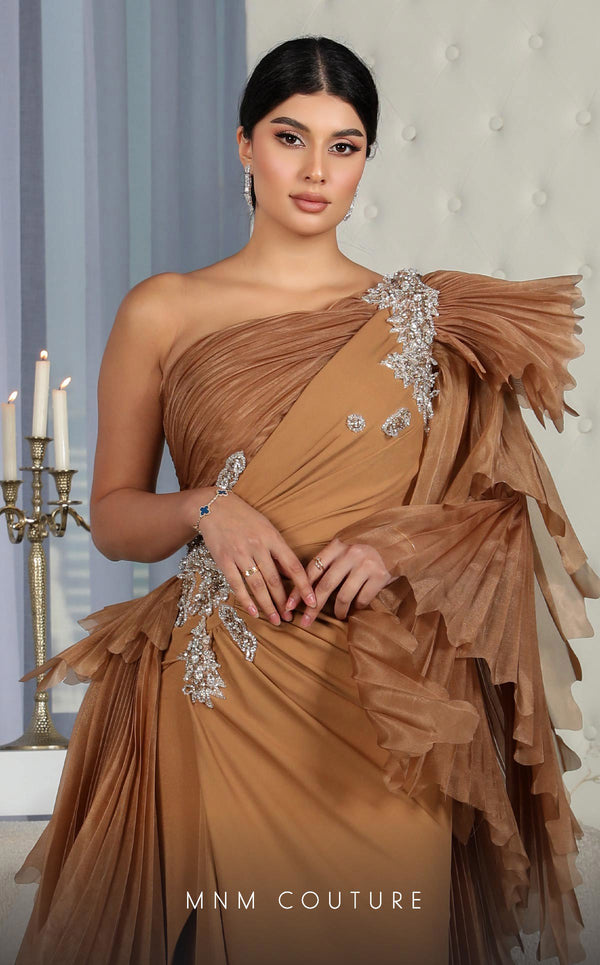 MNM Couture F02801: Asymmetrical neck, ruffled shoulder, crepe & organza, draped bust, Roman skirt for event & wedding | Couture Shop LA