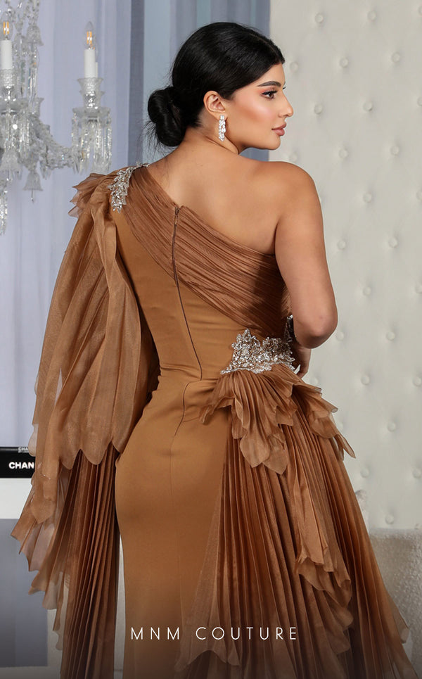 MNM Couture F02801: Asymmetrical neck, ruffled shoulder, crepe & organza, draped bust, Roman skirt for event & wedding | Couture Shop LA