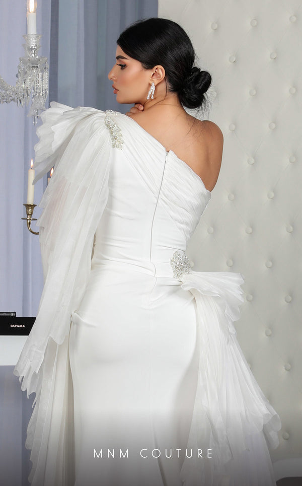 MNM Couture F02801: Asymmetrical neck, ruffled shoulder, crepe & organza, draped bust, Roman skirt for event & wedding | Couture Shop LA