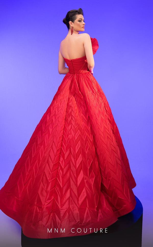 Strapless MNM Couture gown F02815 with digital chantagne fabric and floral embellished bust, featuring a perfectly sculpted corset and elegant flared cut. | Couture Shop LA