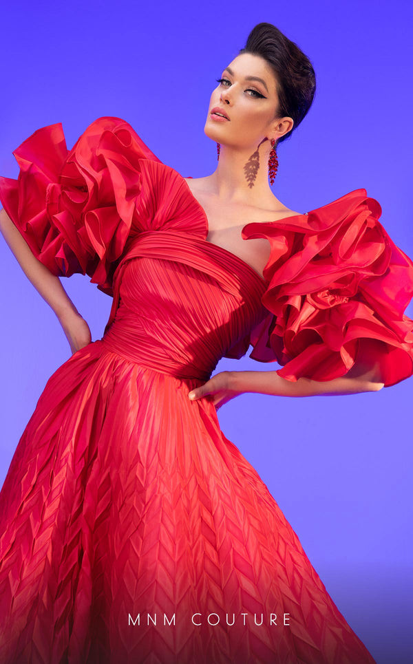 Strapless MNM Couture gown F02815 with digital chantagne fabric and floral embellished bust, featuring a perfectly sculpted corset and elegant flared cut. | Couture Shop LA