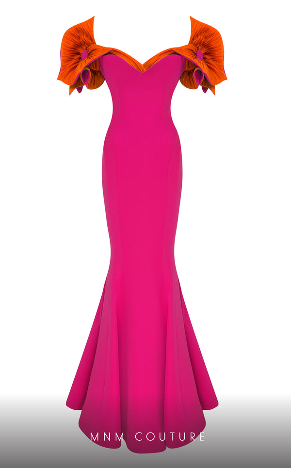 MNM Couture F02820: Organza mermaid gown, two corsets, draped flowers, strapless. Red carpet ready. | Couture Shop LA