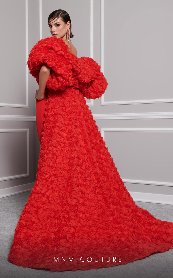 MNM Couture F02821: Crepe & organza gown, strapless V-neck, Roman skirt, full-flower embroidered cape. | Couture Shop LA