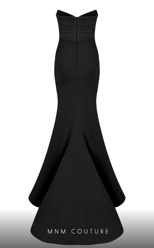 MNM Couture F02821: Crepe & organza gown, strapless V-neck, Roman skirt, full-flower embroidered cape. | Couture Shop LA