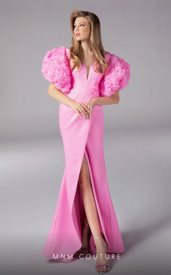 MNM Couture F02824: Off-shoulder crepe & organza gown, V-neck, flower embellishments, embroidered waist. | Couture Shop LA