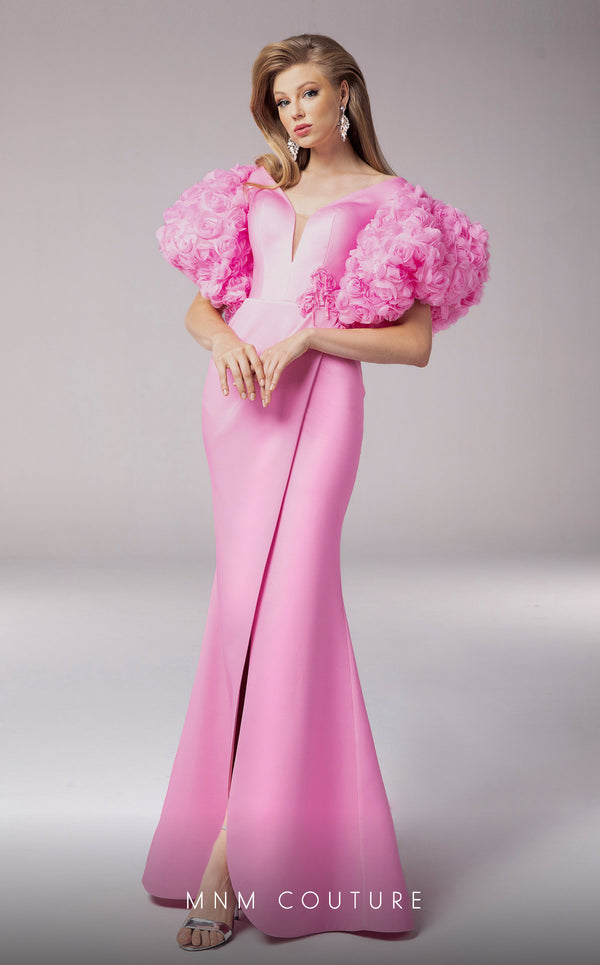 MNM Couture F02824: Off-shoulder crepe & organza gown, V-neck, flower embellishments, embroidered waist. | Couture Shop LA