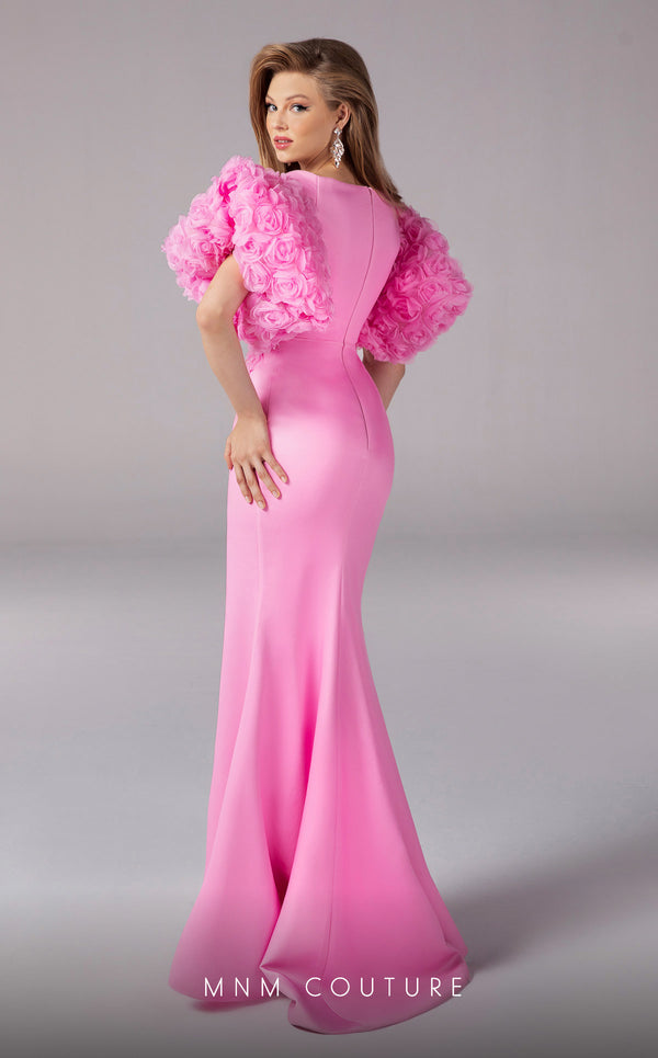 MNM Couture F02824: Off-shoulder crepe & organza gown, V-neck, flower embellishments, embroidered waist. | Couture Shop LA