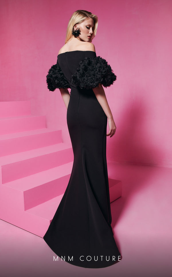 MNM Couture F02824: Off-shoulder crepe & organza gown, V-neck, flower embellishments, embroidered waist. | Couture Shop LA