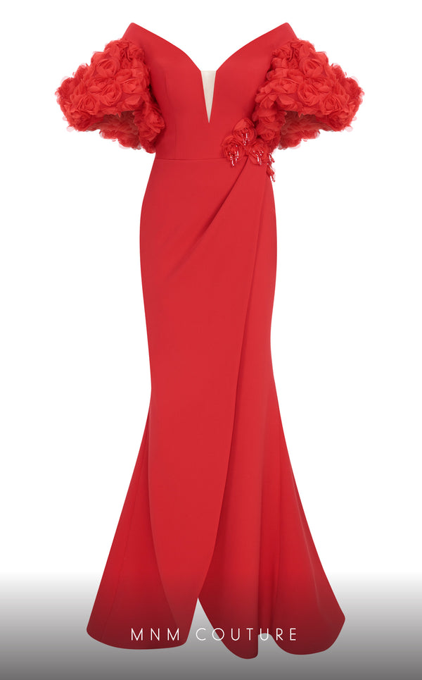 MNM Couture F02824: Off-shoulder crepe & organza gown, V-neck, flower embellishments, embroidered waist. | Couture Shop LA