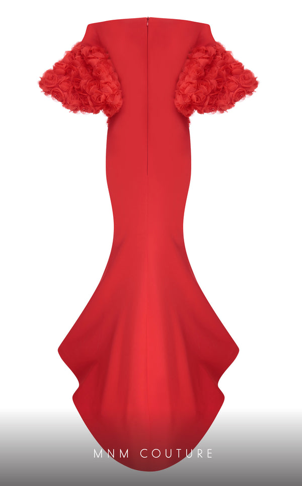 MNM Couture F02824: Off-shoulder crepe & organza gown, V-neck, flower embellishments, embroidered waist. | Couture Shop LA