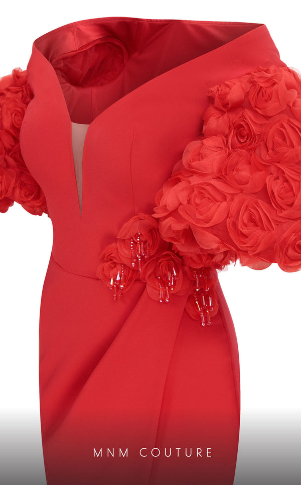 MNM Couture F02824: Off-shoulder crepe & organza gown, V-neck, flower embellishments, embroidered waist. | Couture Shop LA