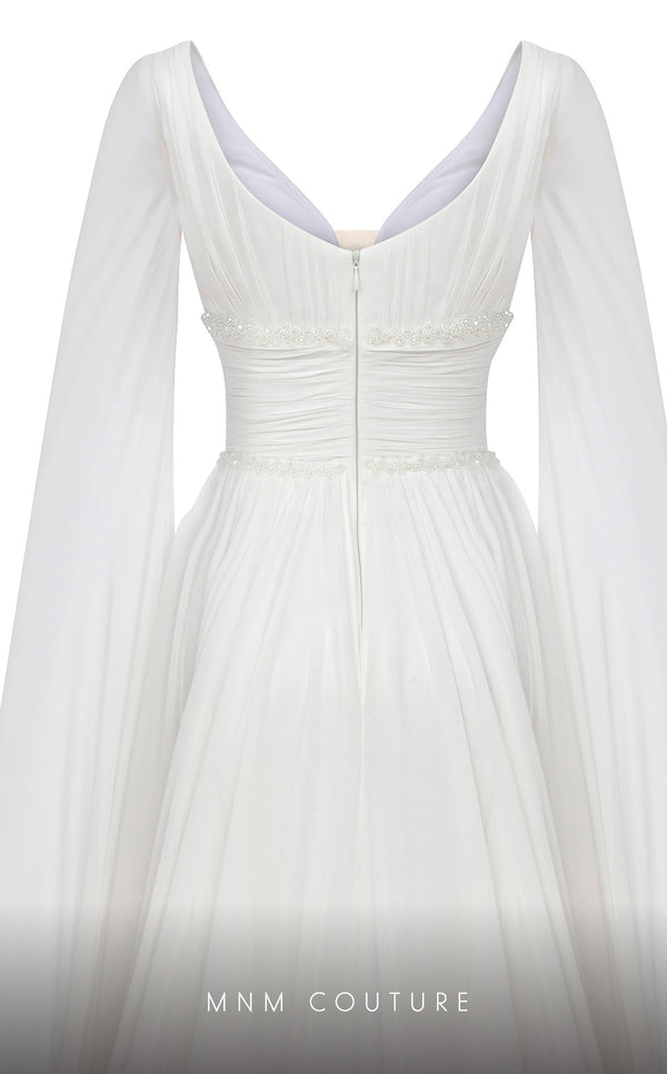 MNM Couture F02828A A-line gown with cape sleeves, beaded appliques, and sweeping train. | Couture Shop LA