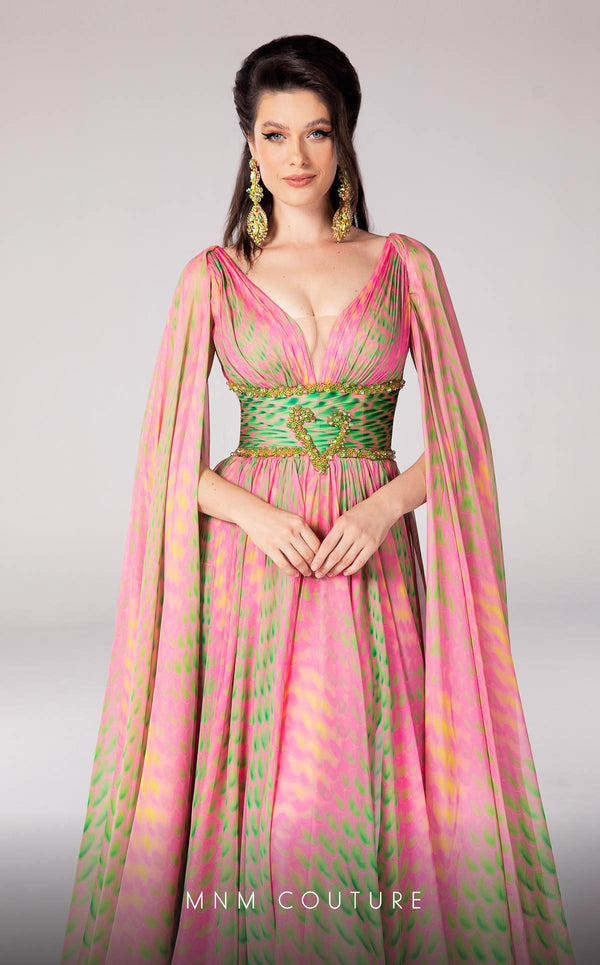 Showcase sophistication in the MNM Couture F02828 gown – a stunning fusion of digital print chiffon and luxurious detailing, designed for the ultimate evening and red carpet statement. | Couture Shop LA