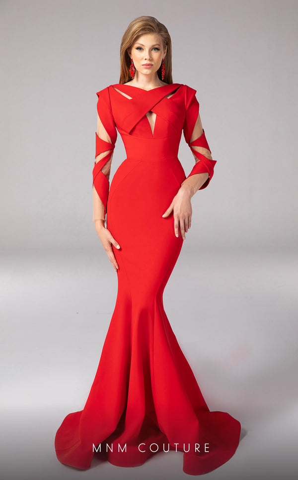 MNM Couture F02829 vibrant red mermaid gown with a criss-cross high neckline and cutouts along the long sleeves. | Couture Shop LA