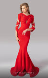 MNM Couture F02829 vibrant red mermaid gown with a criss-cross high neckline and cutouts along the long sleeves. | Couture Shop LA