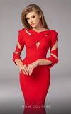 MNM Couture F02829 vibrant red mermaid gown with a criss-cross high neckline and cutouts along the long sleeves. | Couture Shop LA
