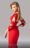 MNM Couture F02829 vibrant red mermaid gown with a criss-cross high neckline and cutouts along the long sleeves. | Couture Shop LA