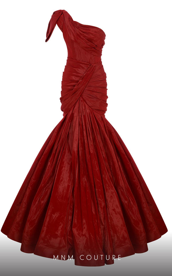 MNM Couture F02833 asymmetrical Tafta gown with mermaid cut and shoulder drapes. | Couture Shop LA