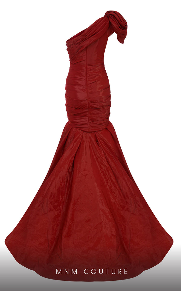 MNM Couture F02833 asymmetrical Tafta gown with mermaid cut and shoulder drapes. | Couture Shop LA