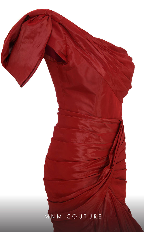 MNM Couture F02833 asymmetrical Tafta gown with mermaid cut and shoulder drapes. | Couture Shop LA