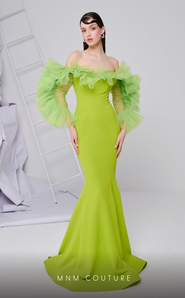 MNM Couture F02850 strapless off-shoulder crepe and chiffon gown with mermaid cut. | Couture Shop LA