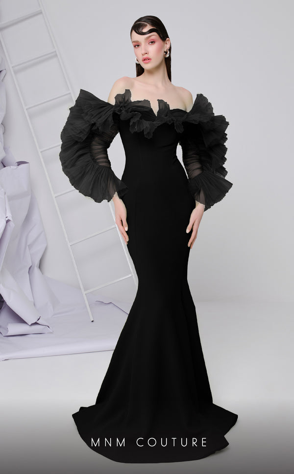 MNM Couture F02850 strapless off-shoulder crepe and chiffon gown with mermaid cut. | Couture Shop LA