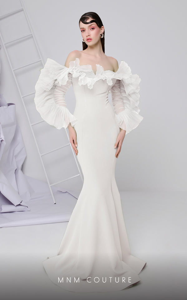 MNM Couture F02850 strapless off-shoulder crepe and chiffon gown with mermaid cut. | Couture Shop LA