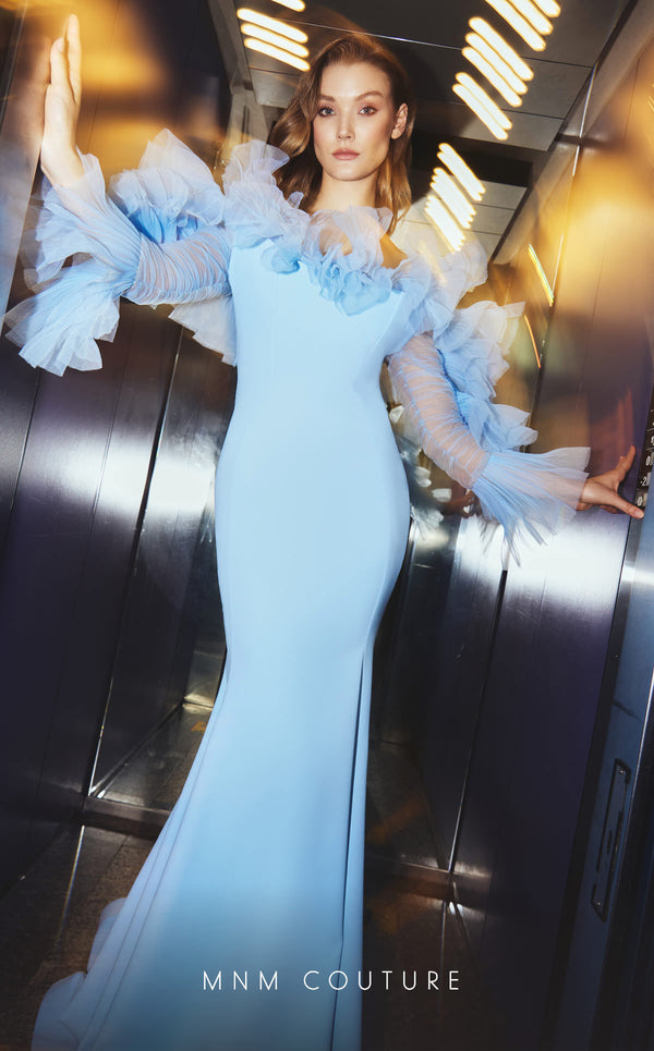 MNM Couture F02850 strapless off-shoulder crepe and chiffon gown with mermaid cut. | Couture Shop LA