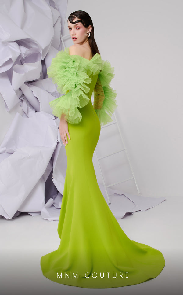 MNM Couture F02850 strapless off-shoulder crepe and chiffon gown with mermaid cut. | Couture Shop LA