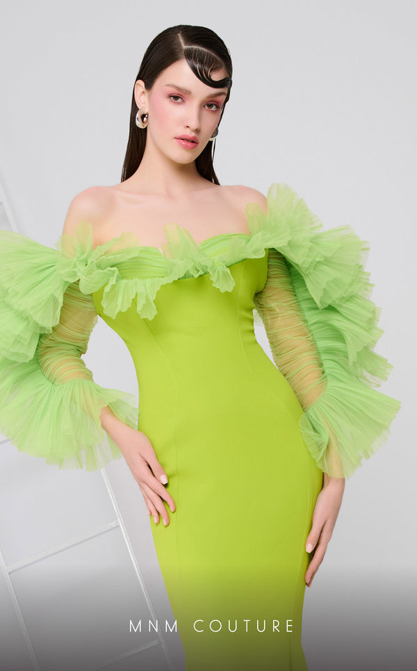 MNM Couture F02850 strapless off-shoulder crepe and chiffon gown with mermaid cut. | Couture Shop LA