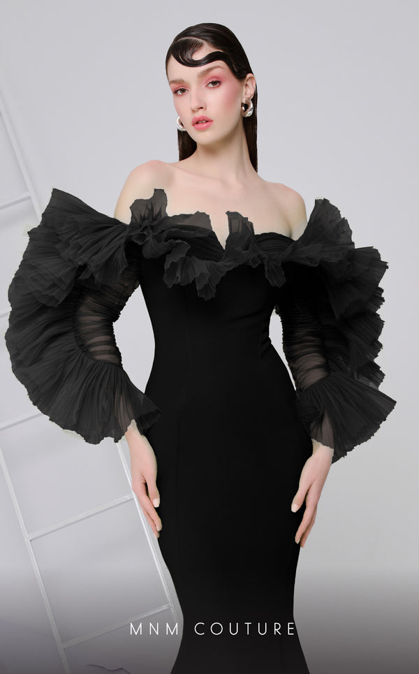 MNM Couture F02850 strapless off-shoulder crepe and chiffon gown with mermaid cut. | Couture Shop LA
