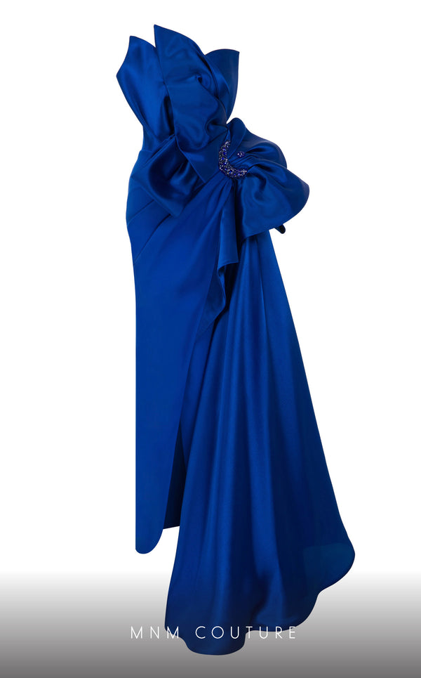 MNM Couture F02854 strapless gown in crepe and brocade with Roman slit. | Couture Shop LA