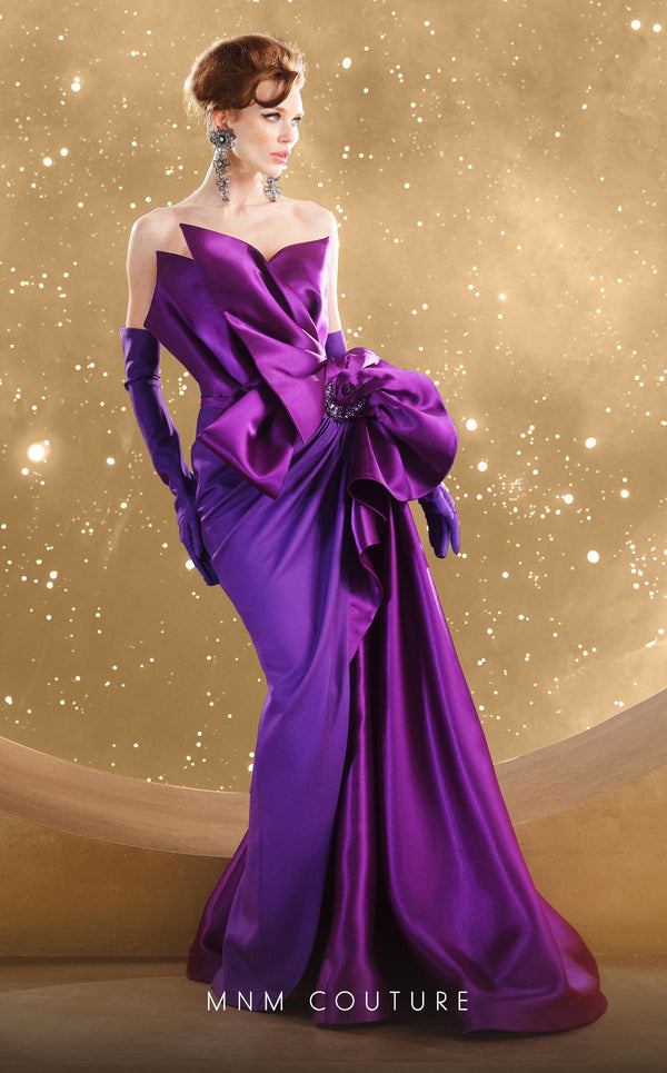 MNM Couture F02854 strapless gown in crepe and brocade with Roman slit. | Couture Shop LA