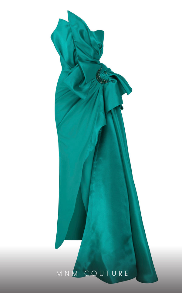 MNM Couture F02854 strapless gown in crepe and brocade with Roman slit. | Couture Shop LA
