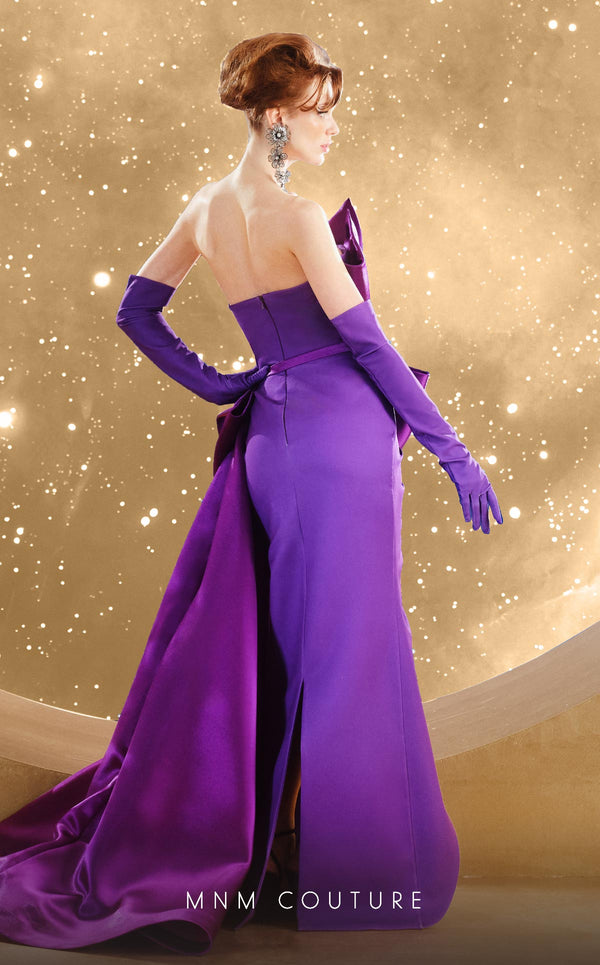MNM Couture F02854 strapless gown in crepe and brocade with Roman slit. | Couture Shop LA