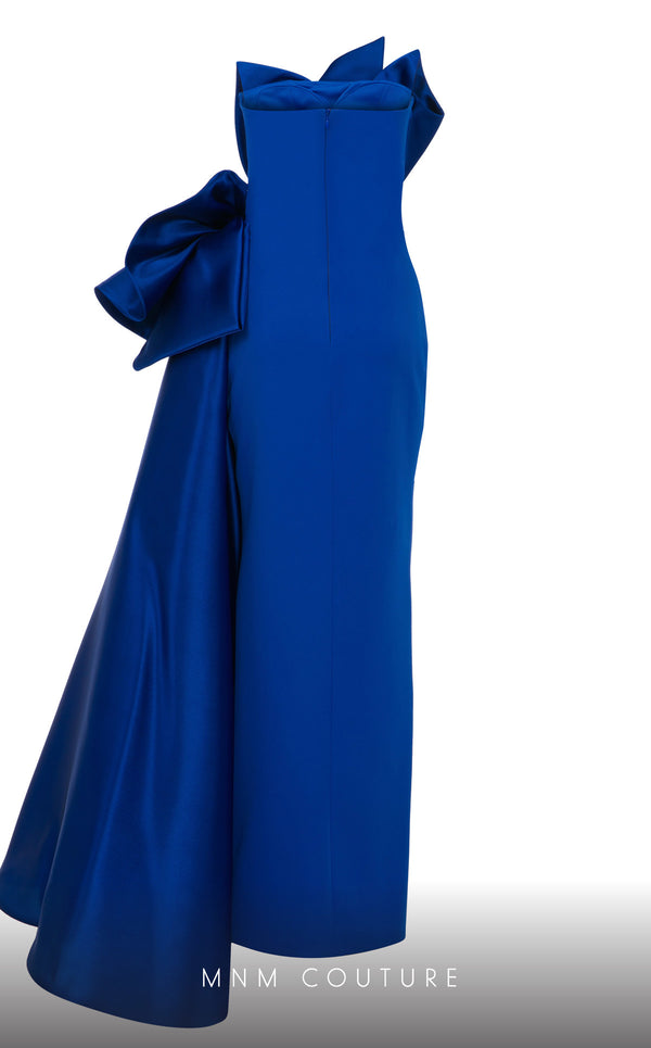MNM Couture F02854 strapless gown in crepe and brocade with Roman slit. | Couture Shop LA