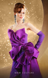 MNM Couture F02854 strapless gown in crepe and brocade with Roman slit. | Couture Shop LA