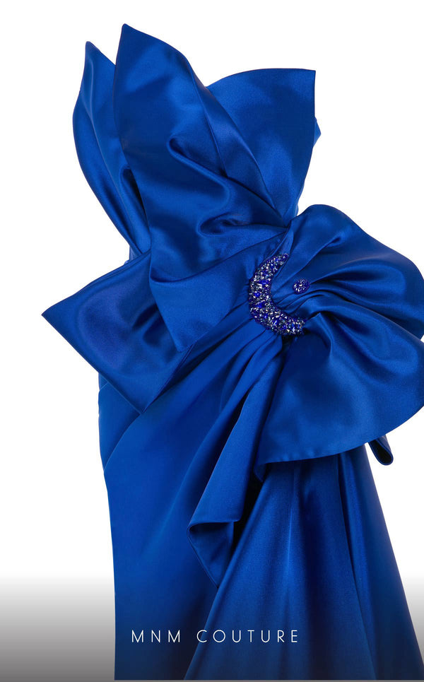 MNM Couture F02854 strapless gown in crepe and brocade with Roman slit. | Couture Shop LA