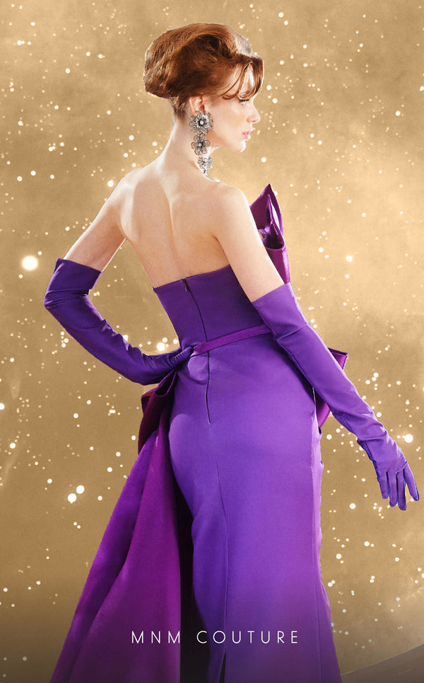 MNM Couture F02854 strapless gown in crepe and brocade with Roman slit. | Couture Shop LA