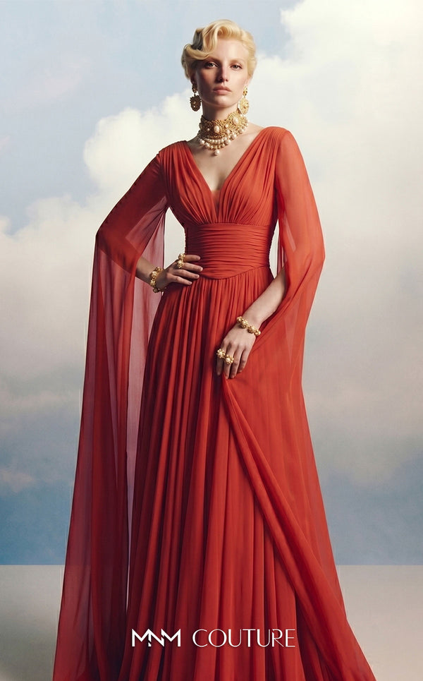 MNM Couture F02862A burnt orange chiffon A-line gown with deep plunging V-neckline, ruched natural waist, full flowing skirt, and floor-length cape sleeves | Couture Shop LA.