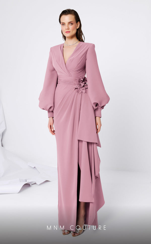 MNM Couture F02866 crepe gown with V-neck and Roman skirt. | Couture Shop LA