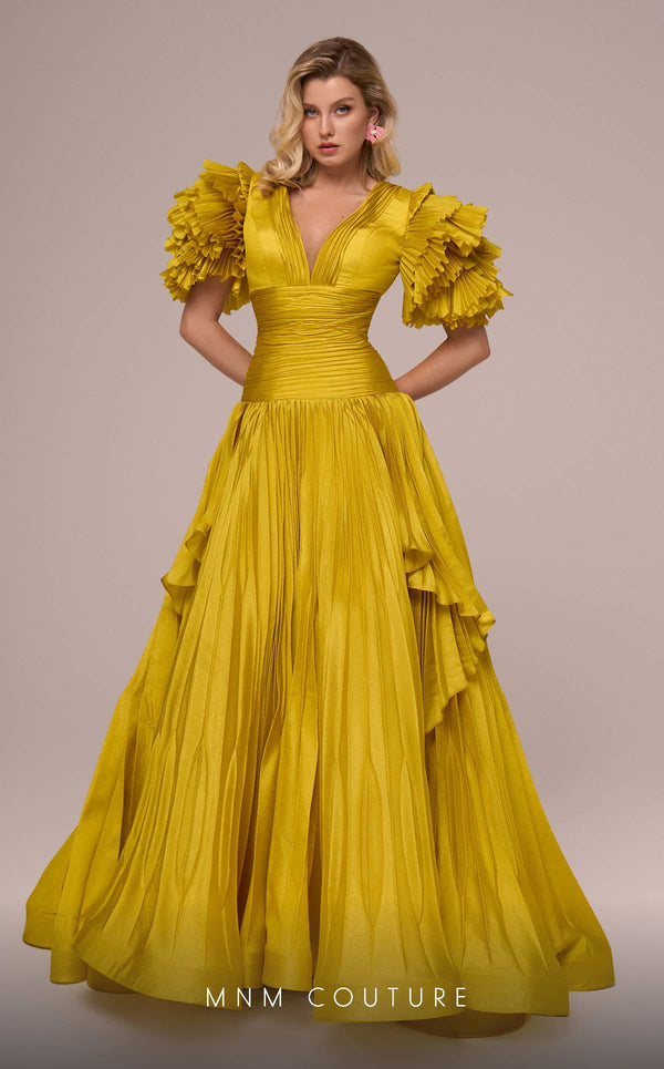 MNM Couture F02885 V-neck gown with accordion pleats and layered skirt. | Couture Shop LA