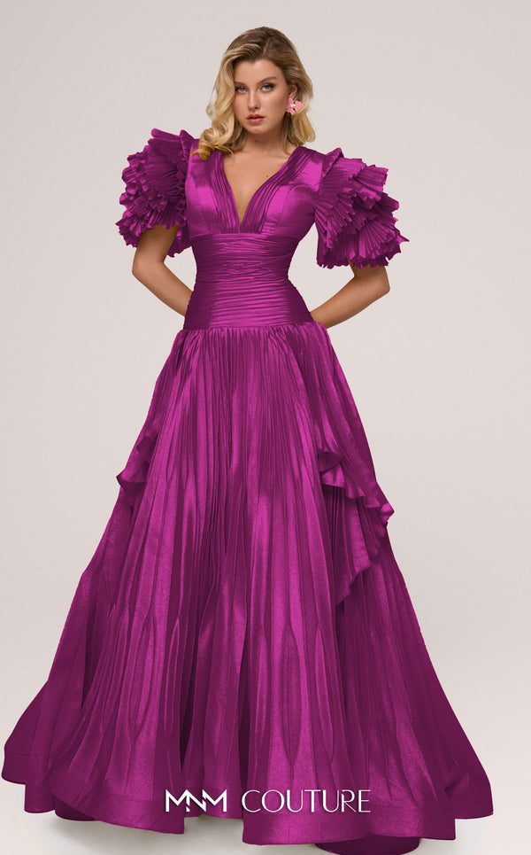 MNM Couture F02885 V-neck gown with accordion pleats and layered skirt. | Couture Shop LA