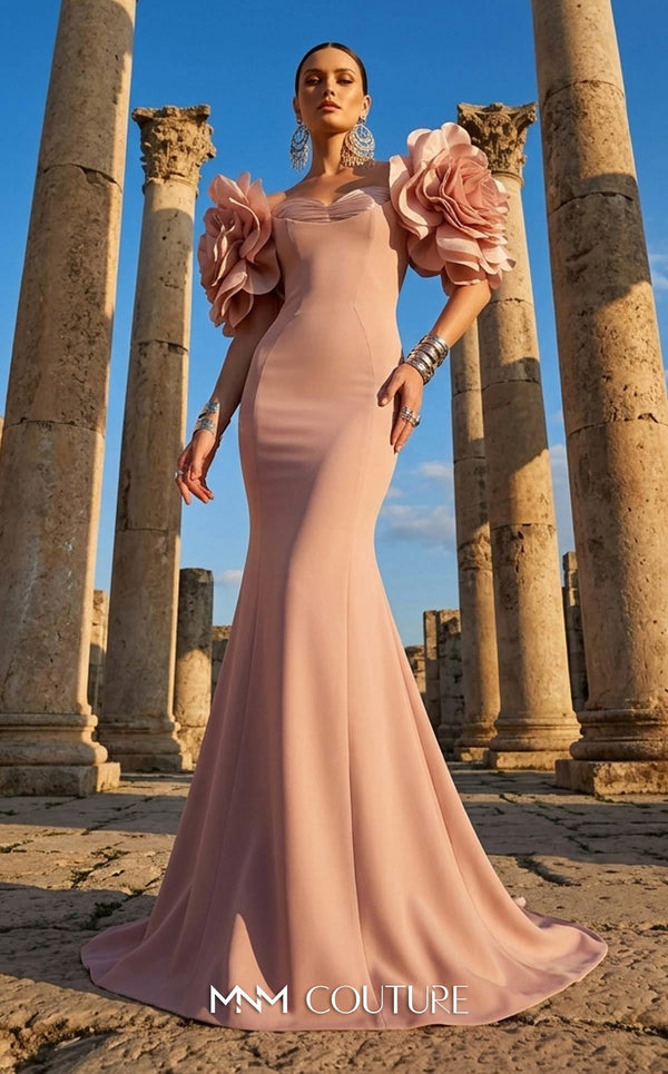 MNM Couture F02886 rayon crepe gown with sweetheart neckline and floral appliques. | Couture Shop LA