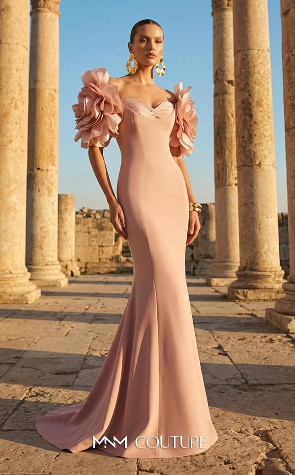 MNM Couture F02886 rayon crepe gown with sweetheart neckline and floral appliques. | Couture Shop LA