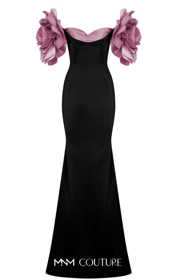 MNM Couture F02886 rayon crepe gown with sweetheart neckline and floral appliques. | Couture Shop LA