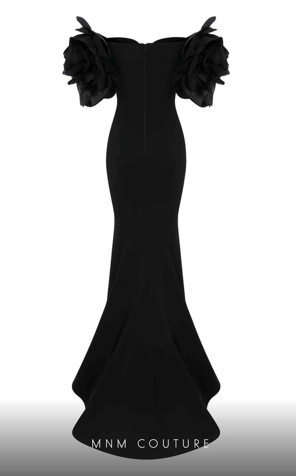MNM Couture F02886 rayon crepe gown with sweetheart neckline and floral appliques. | Couture Shop LA
