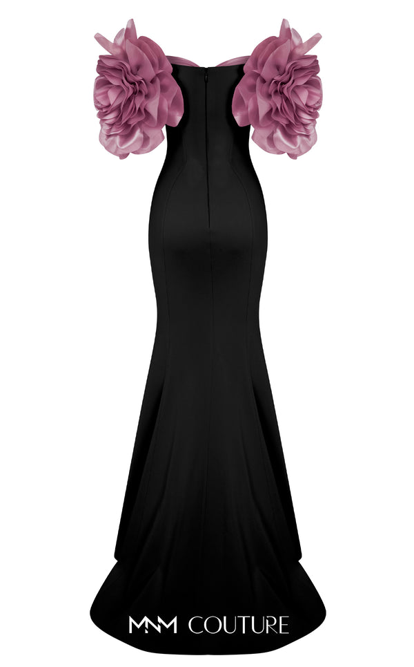 MNM Couture F02886 rayon crepe gown with sweetheart neckline and floral appliques. | Couture Shop LA