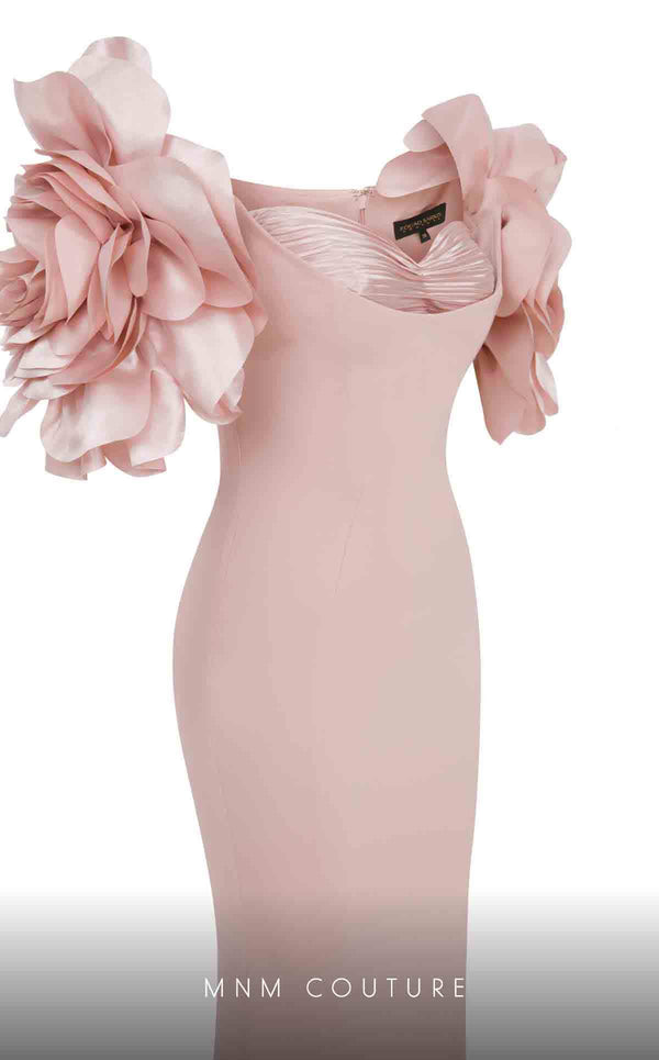 MNM Couture F02886 rayon crepe gown with sweetheart neckline and floral appliques. | Couture Shop LA